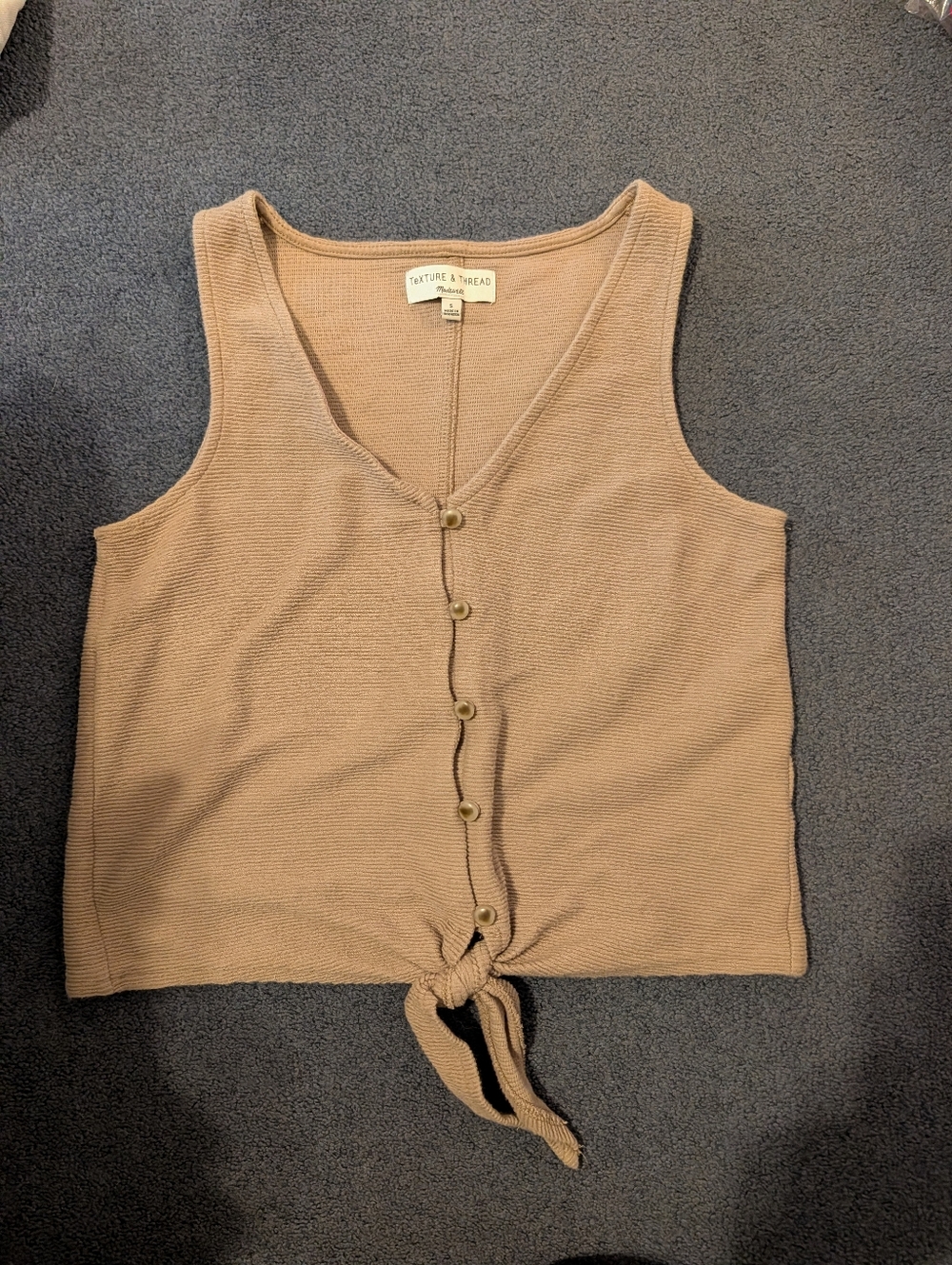 Madewell Texture & Thread Button Front Tie Ribbed Tank Top Cropped Tan Oat